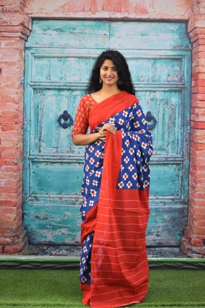 cotton saree with printed blouse