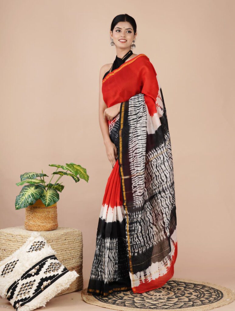 plain cotton saree with printed blouse