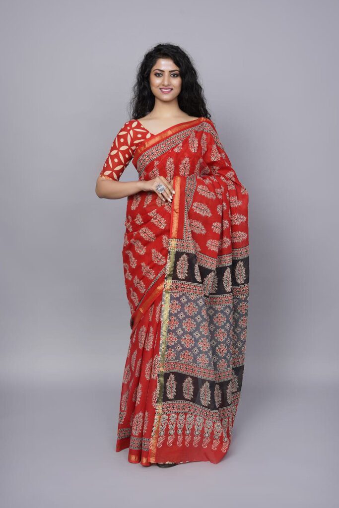 Sanganeri Block Printed Kota Doria Saree