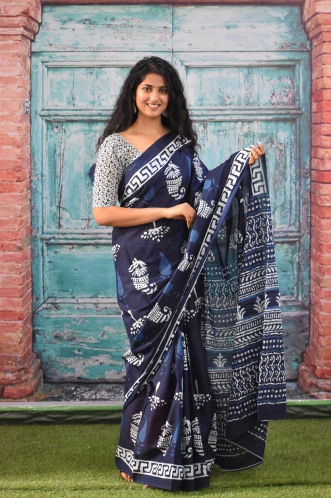 indigo mul cotton saree